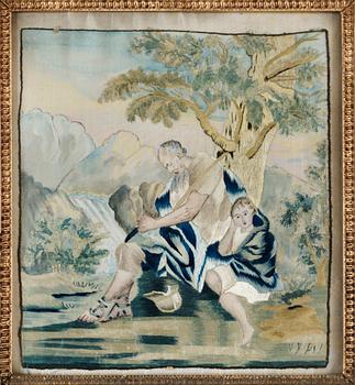 BRODERAD TAVLA, siden. 27,5 x 24,5 cm. Sannolikt Sverige, omkring 1800.