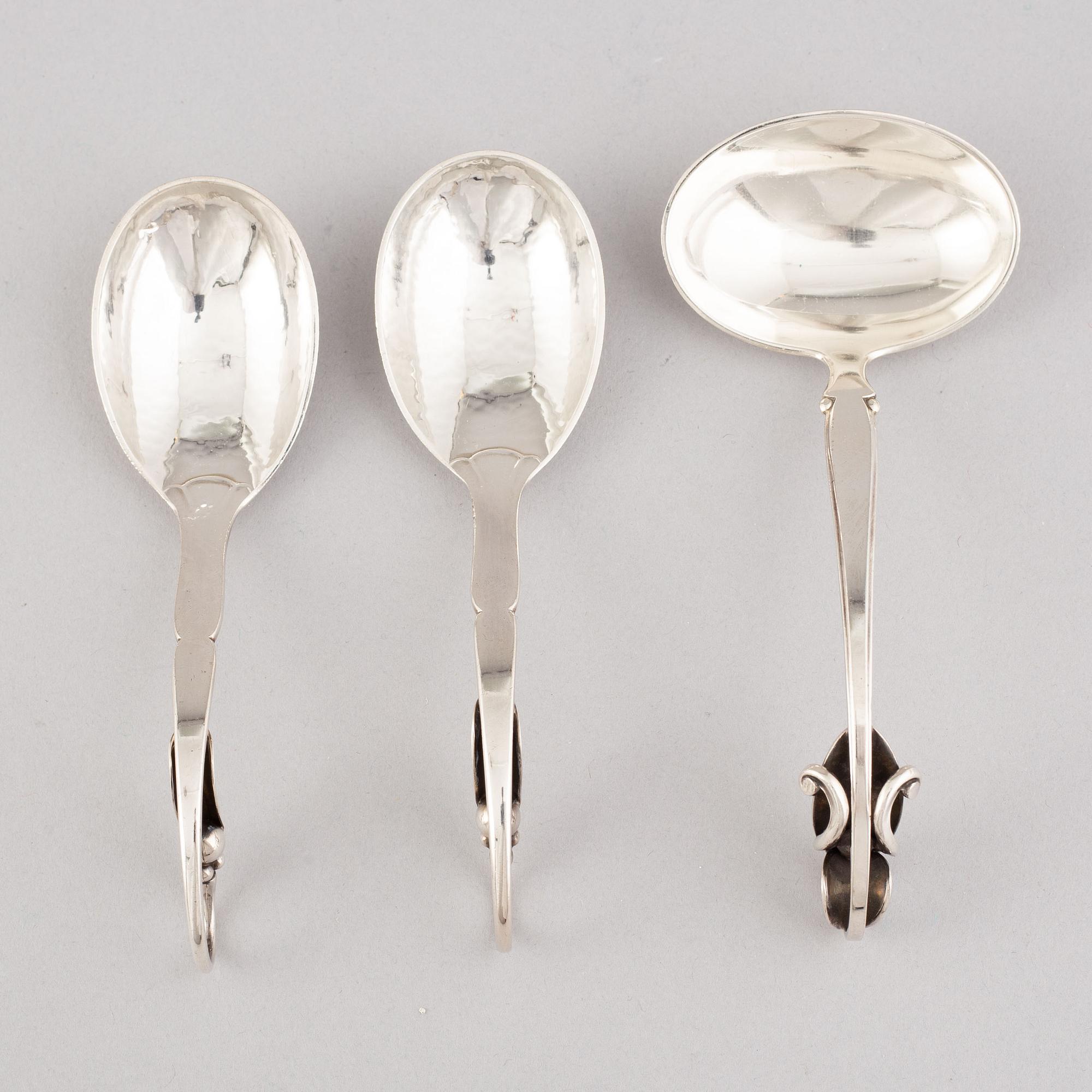 Georg Jensen, saltkar och småskedar, 6 st, sterling silver, Köpenhamn, 1900-talets mitt.