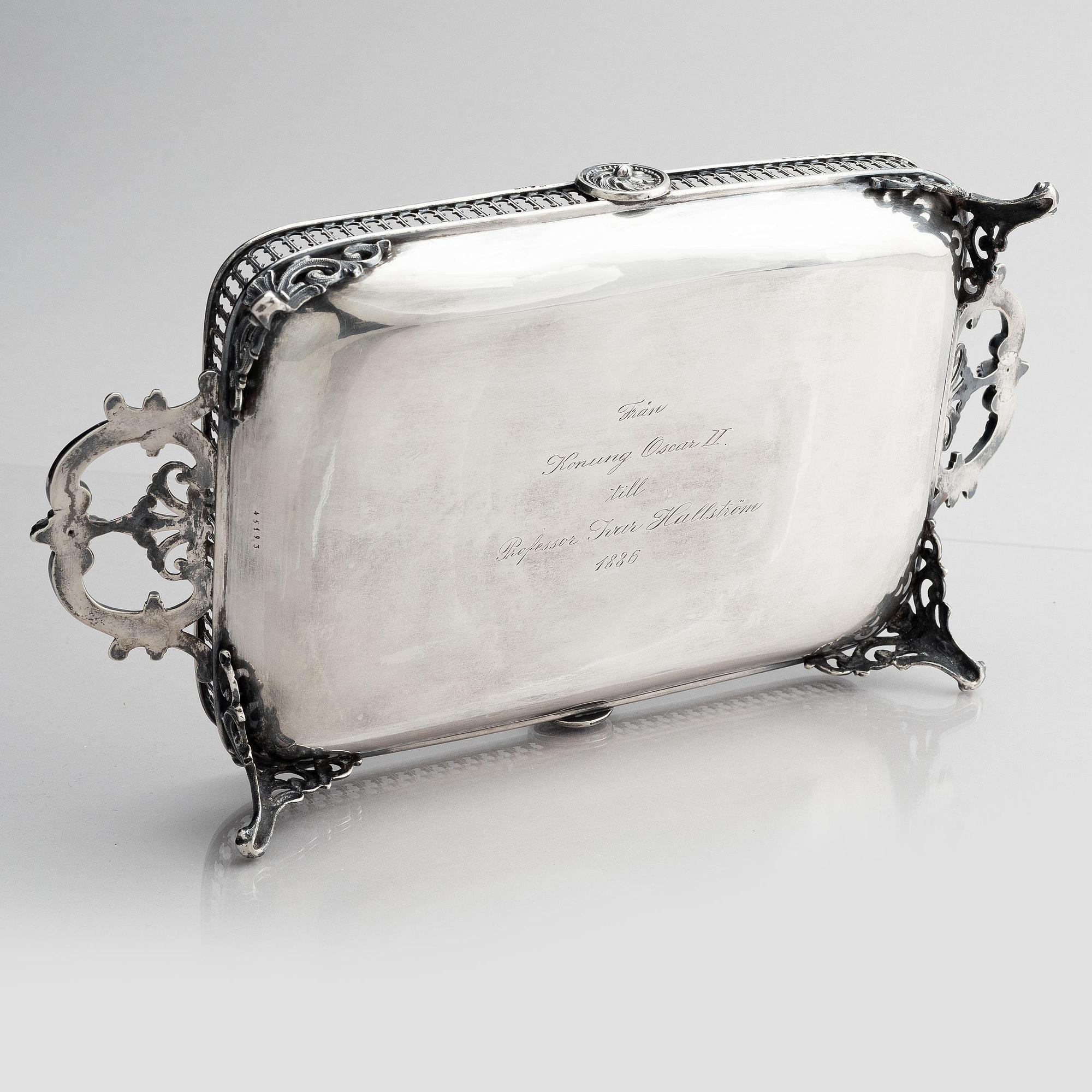 Gustaf Möllenborg, visitkortsbricka, silver, Stockholm 1882.