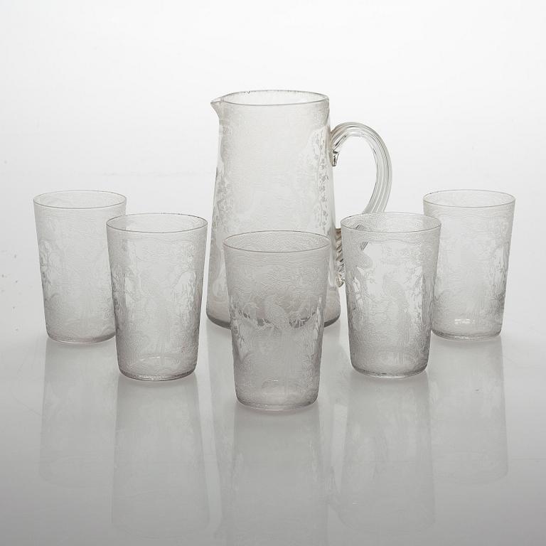 A set of a decanter and five drinking glasses.