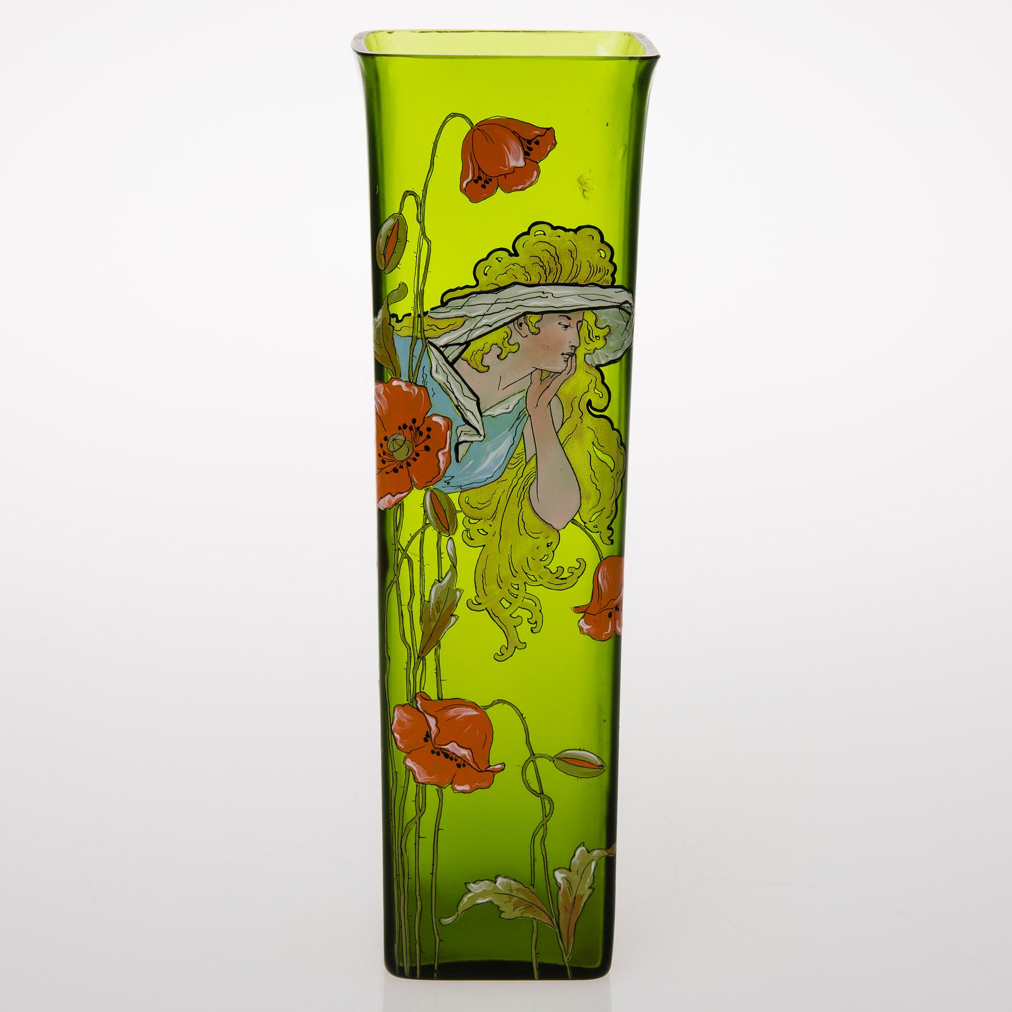 A VASE, glas with painted decoration, Jugend ca 1900.