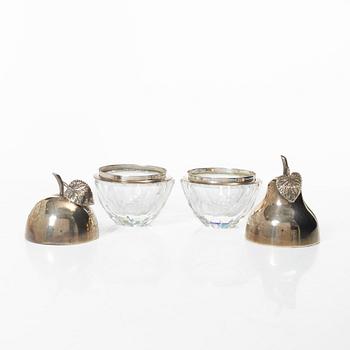 Skålar med lock, 2 st, glas och silver, 1900-tal.