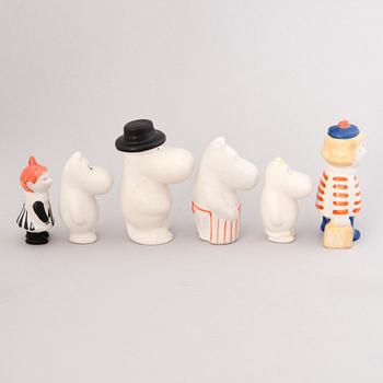 TUULIKKI PIETILÄ, Moomin, six different porcelain figurines, Arabia, Finland 1990s.
