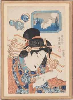 Utagawa Toyoshige Toyokuni II, three woodblock prints from the series "Comparison with Twelve Zodiac Signs".