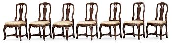 492. Seven Swedish Rococo 18th Century chairs.