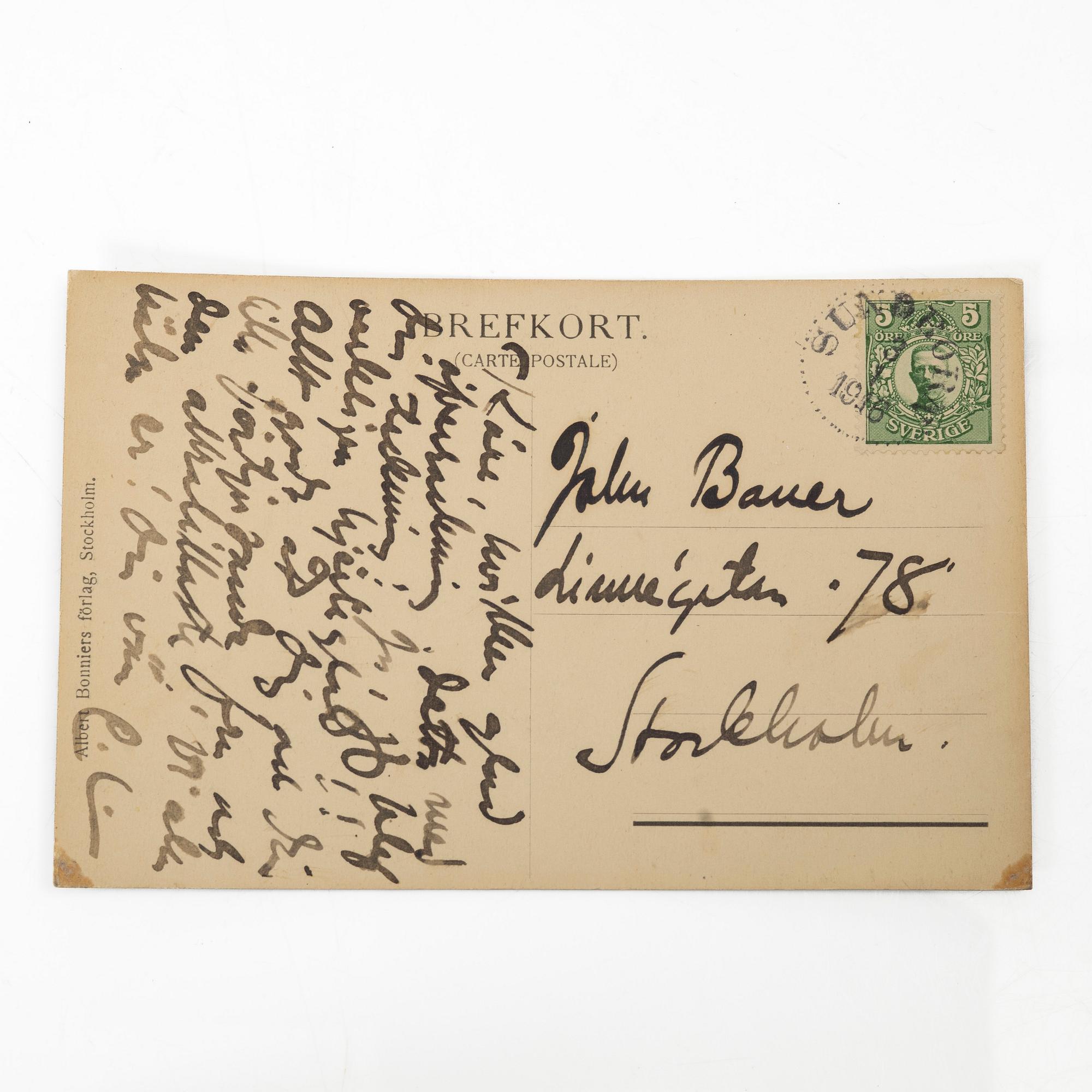 Carl Larsson, Autographed postcard from Carl Larsson to John Bauer, dated Sundborn 1916.