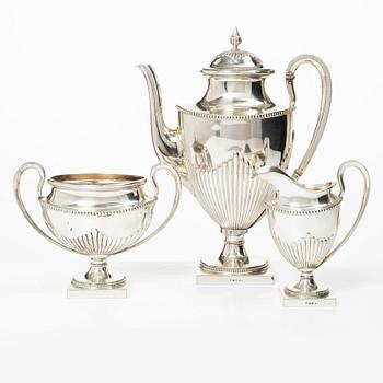 Guldsmedsaktiebolaget (GAB), A Swedish silver Gustavian style coffee pot, creamer and sugar bowl, Stockholm 1910.