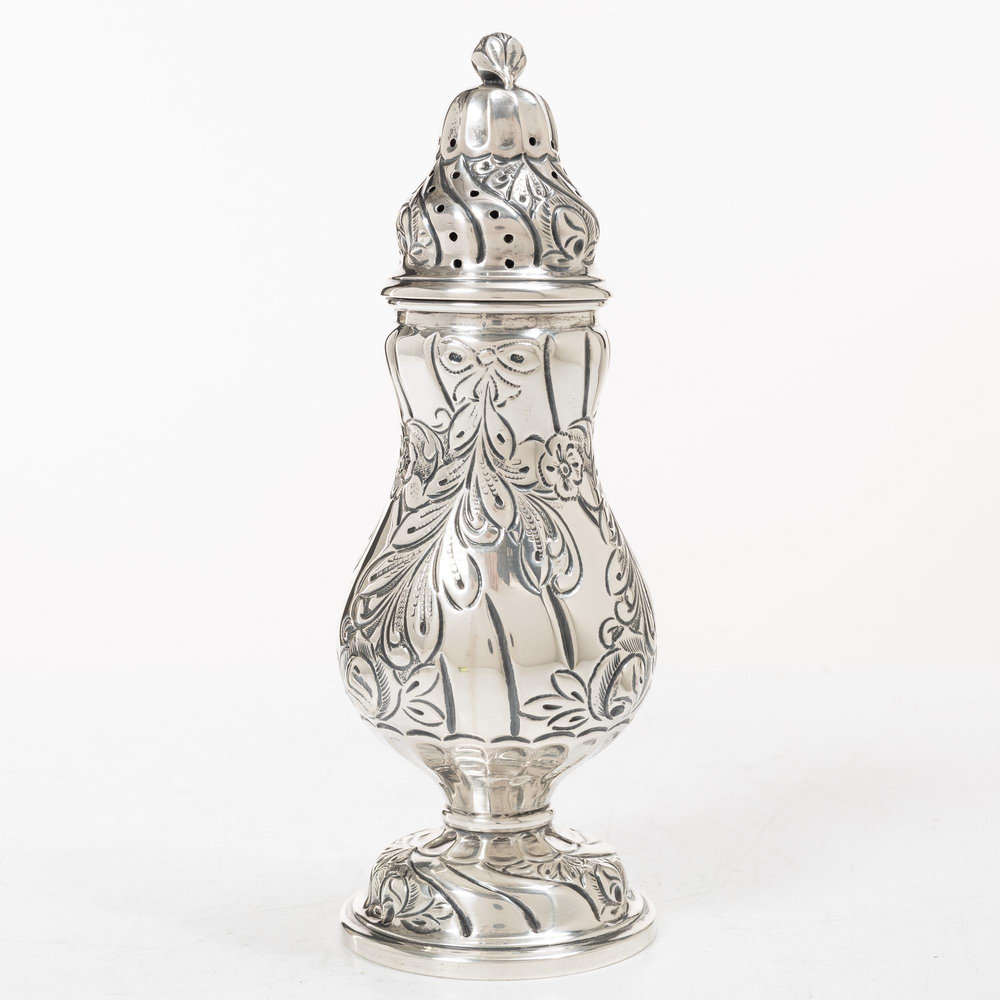 Sugar tongs, cream jug and miniature decanter, silver, including CG Hallberg, Stockholm 1955.