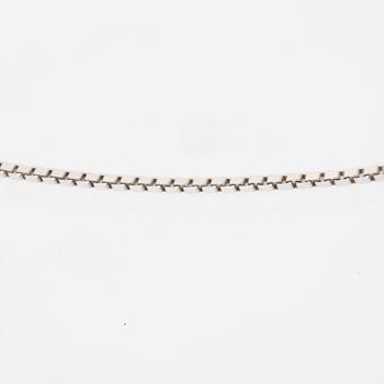 An 18K white gold necklace set with a drop-shaped cultured pearl and round brilliant-cut diamonds.