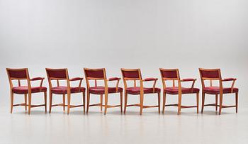 Josef Frank, a set of six mahogany and red leather dining chairs, Svenskt Tenn, Sweden, model 695.