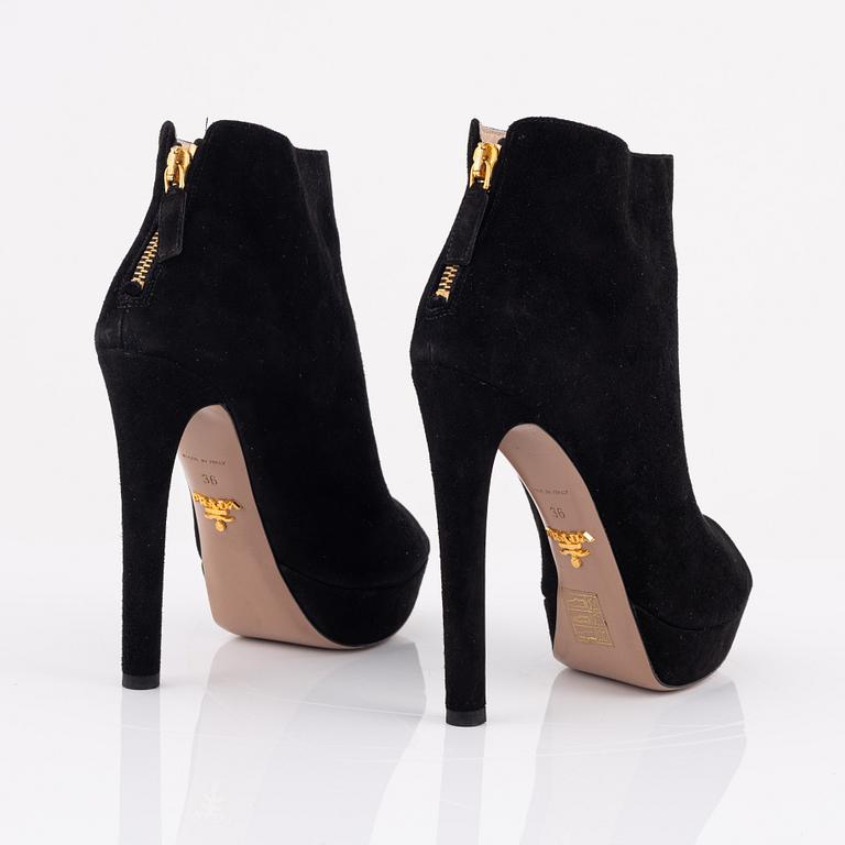 Prada, a pair of black suede peep toe boots, size 36.