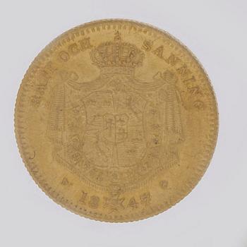 A Swedish 1 Dukat in gold, with the Swedish and Norwegian King Oscar I, 1847/4.