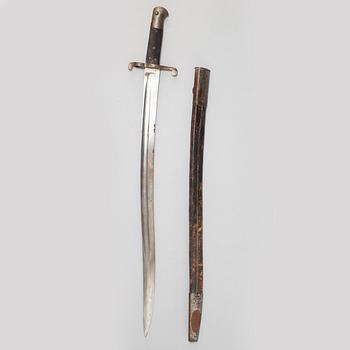 A hunting sword and two bayonets with scabbards.