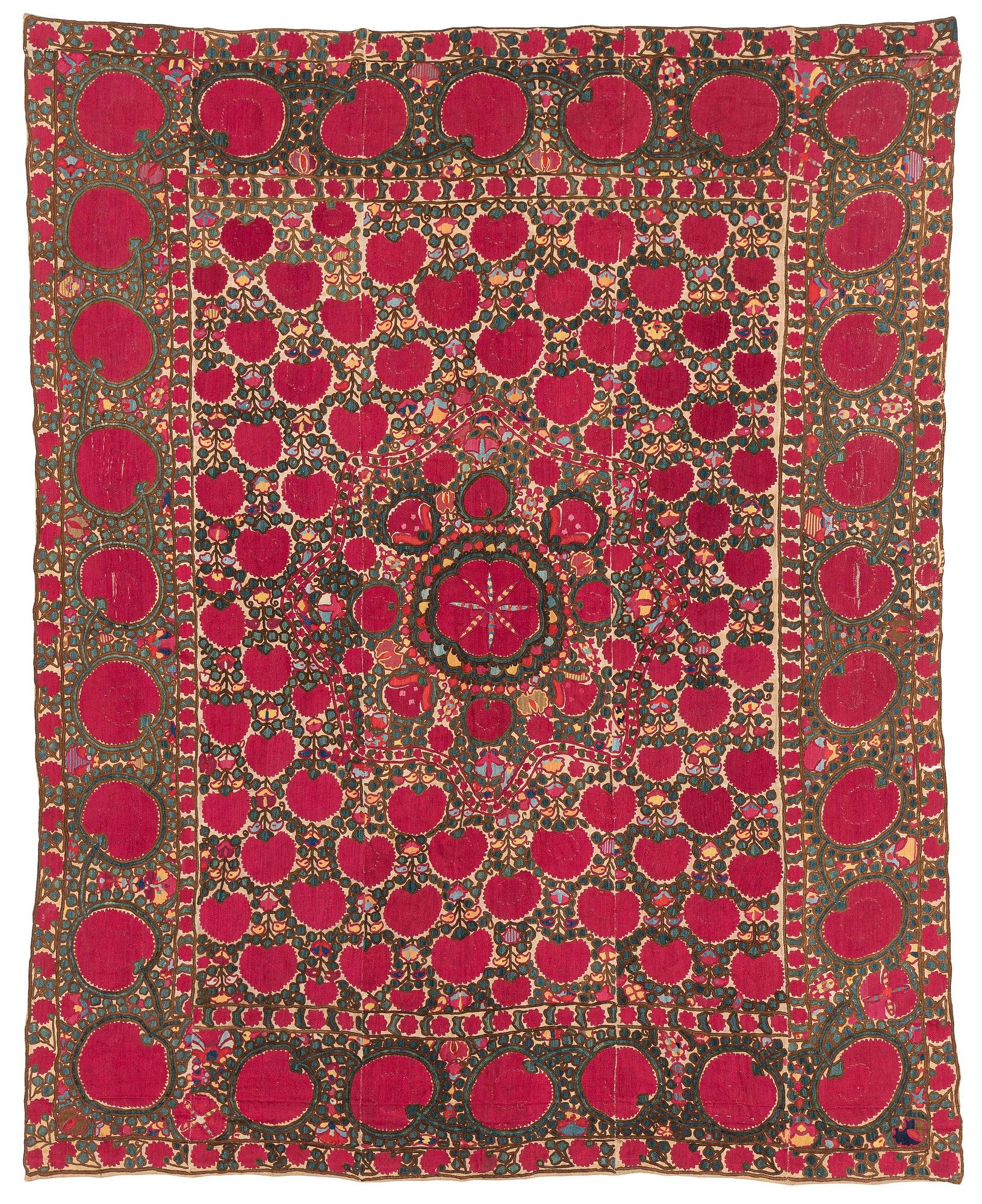 An antique Suzani embroidery, probably Tashkent region, Uzbekistan, 19th century, c. 221 x 184 cm.