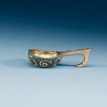 915. A Russian early 20th century silver-gilt and enameld kovsh, makers mark of Alexander Lyubavin, St. Petersburg 1899-1908.