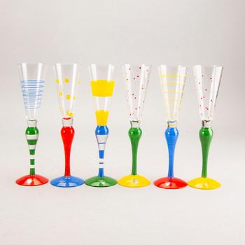 Anne Nilsson, a set of six handpainted champagneglasses for Orrefors later part of the 20th century.