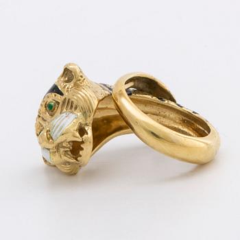 RING 18K guld, emalj, gröna glasstenar.