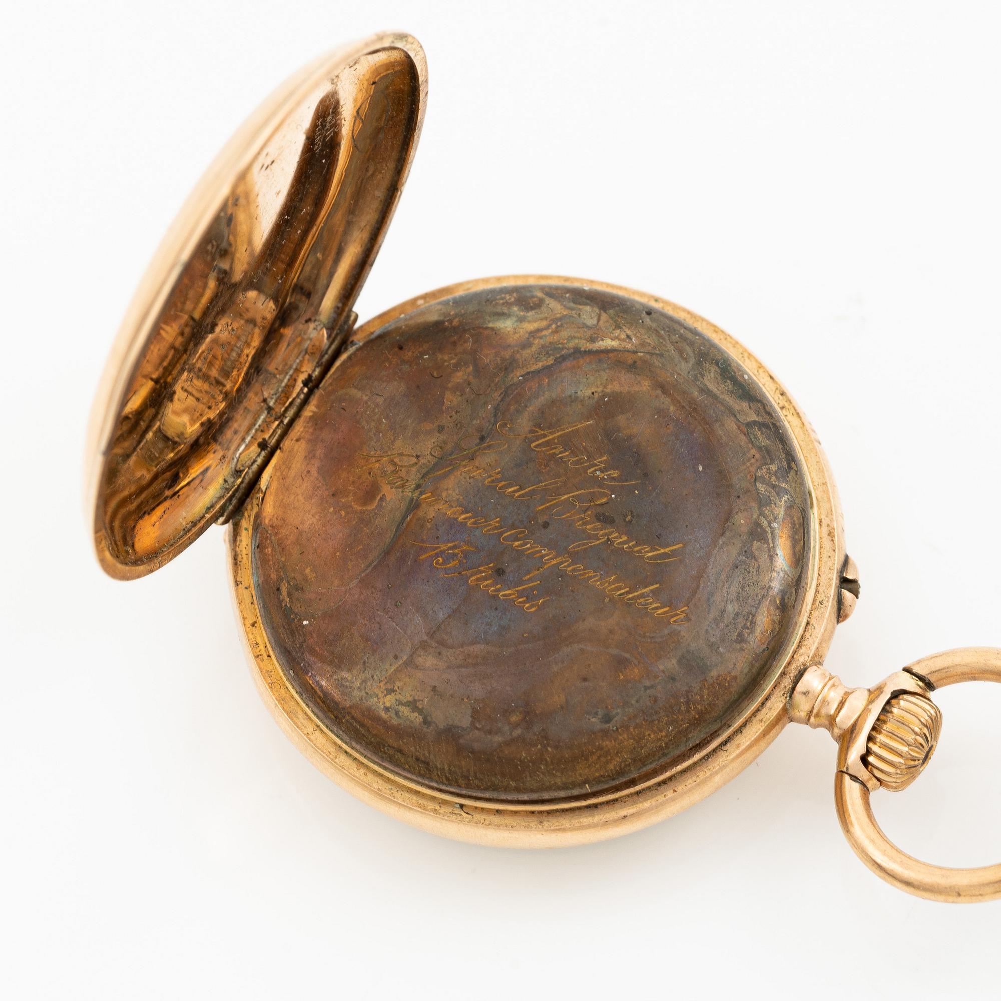 Pocket watch, 37 mm, 14K gold, Chain in 18K gold.
