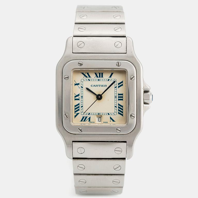 Cartier, Santos Galbeé, ca 1994. <b>Case size:</b> 29 x 29 mm
<b>Material:</b> steel
<b>Mov...