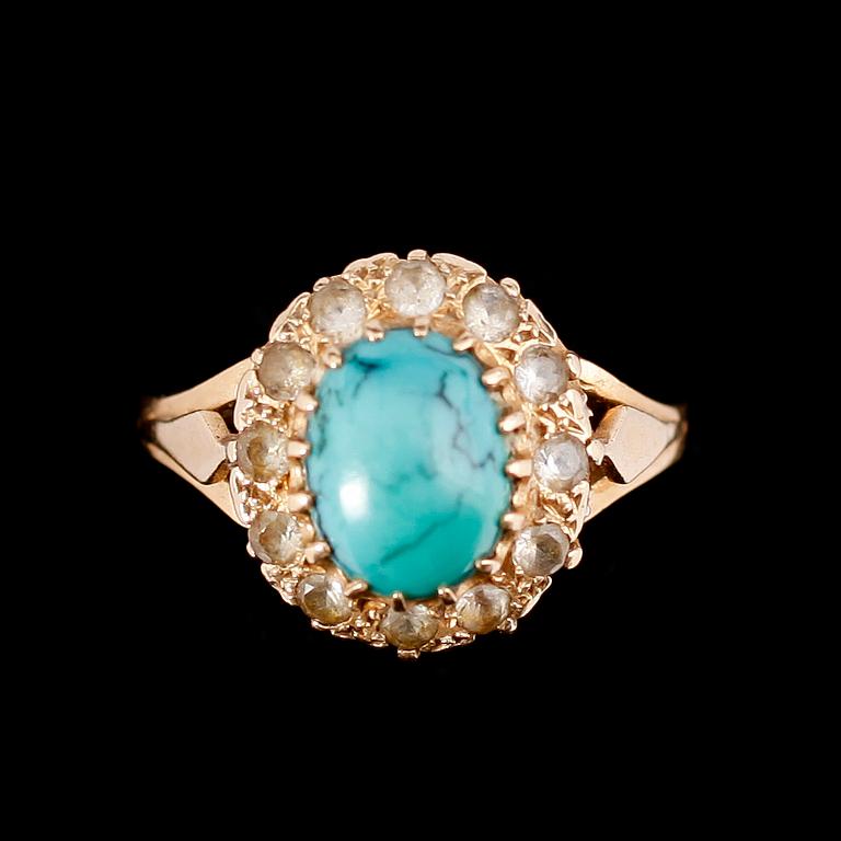 RING, 18 k guld, med turkos och vita stenar.