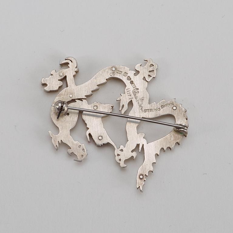 A Wiwen Nilsson sterling brooch of dragon, Lund 1955.