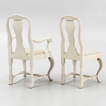 Karmstolar, ett par, samt stolar, 8 st, rokokostil, tidigt 1900-tal.