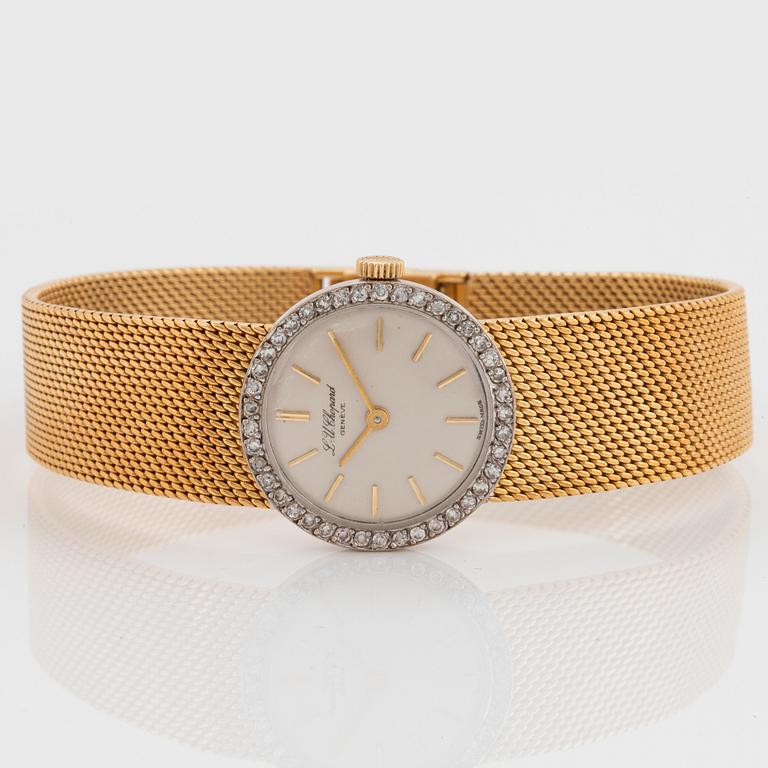 A Chopard wrist watch in 18K gold set with eight-cut diamonds.