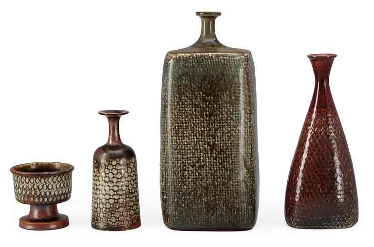 A set of three Stig Lindberg stoneware vases and a bowl, Gustavsberg studio 1965-68.