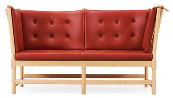 89. A Børge Mogensen beech and red brown leather sofa, Fritz Hansen 1996, model 1758.