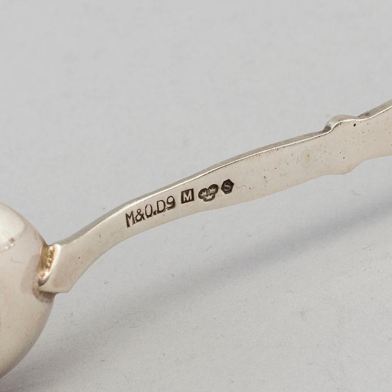 12 silver coffee spoons, import marks for Malmö, Sweden, 20th century. Weight ca 123 grams.