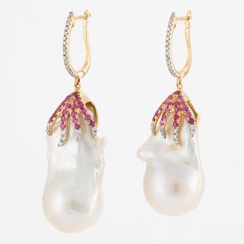 Earrings, 18K gold with cultured baroque pearls, brilliant-cut diamonds, and rubies.