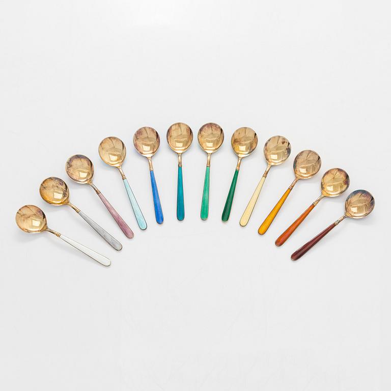 Tillander, a 12-piece set of ice cream spoons in gilt and enamelled silver, Helsinki 1966. In original fitted box.