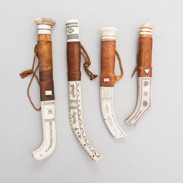 4 sami knives, signed, sami handicraft / duodji, 20th century.