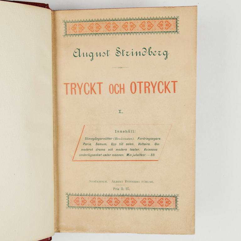 BOK, 3+1 vol, "Tryckt och otryckt" I-III resp "Tryckt och otryckt, ny samling", av August Strindberg, Stockholm 1890-91 resp 1897.