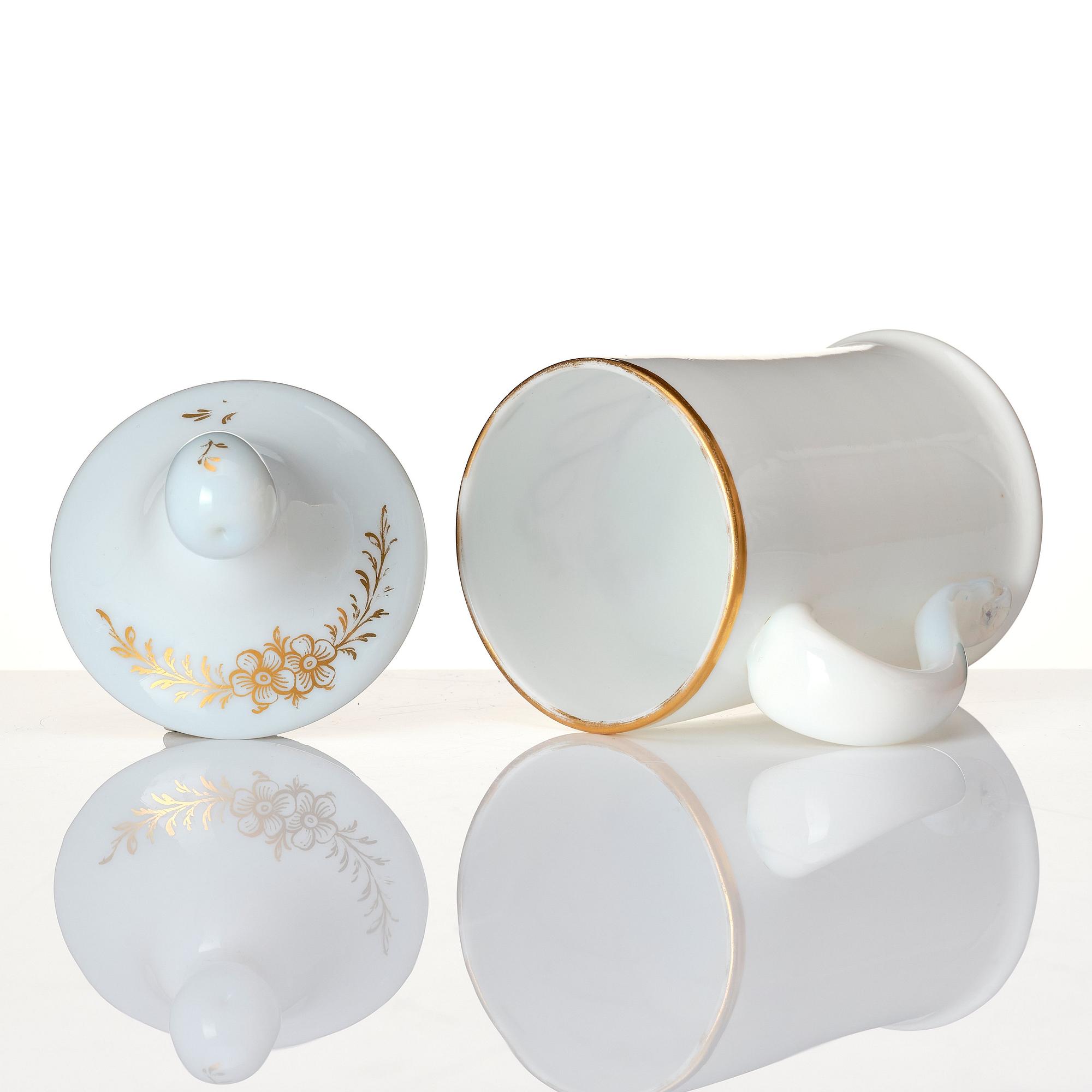 A white glass tankard with cover, possibly Strömbäck, circa 1800. Monogram LL.