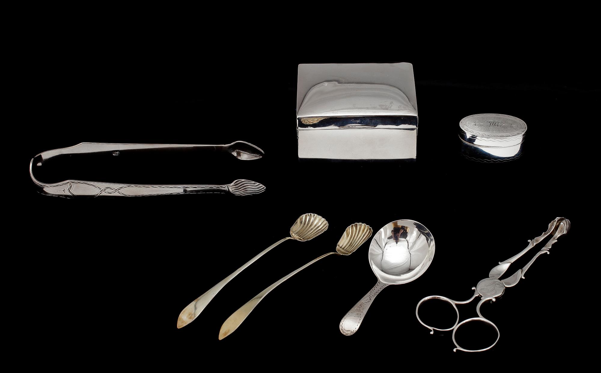 PARTI SILVER, 7 delar, mest England, 1800-1900-tal. Totalvikt ca 210 gram.