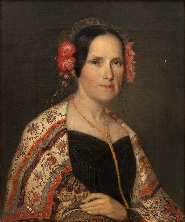 Okänd konstnär 1800-tal , Porträtt av dam med sjal.