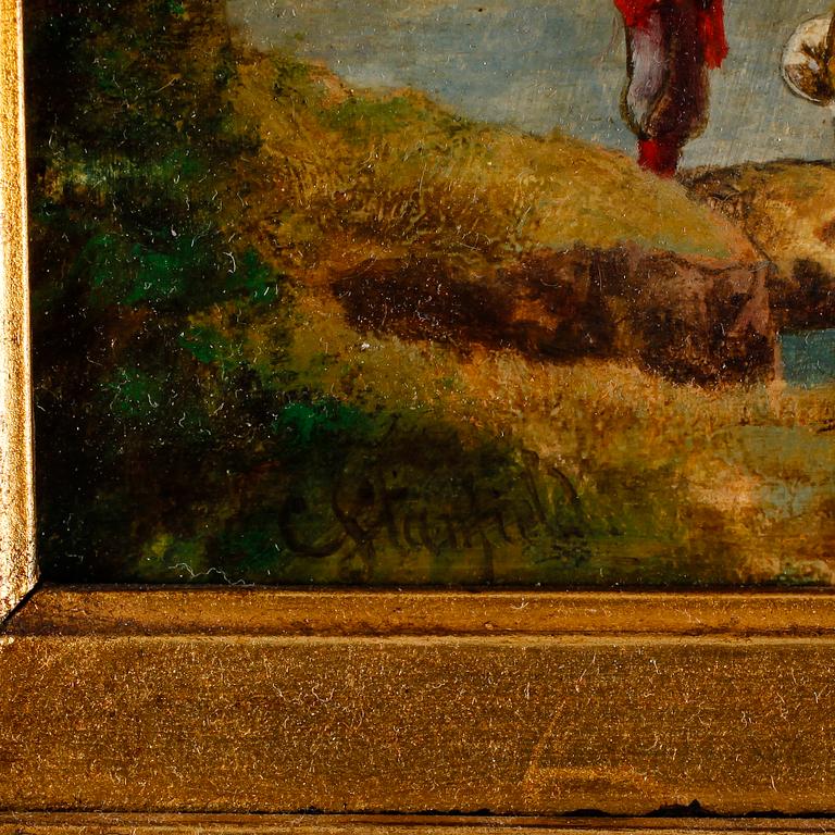 OIDENTIFIERAD KONSTNÄR, olja på pannå, otydligt signerad.