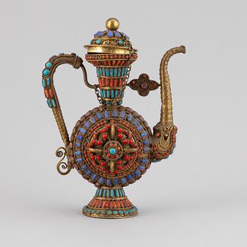 A Tibetan metal and stone inlay pot, 20th century.