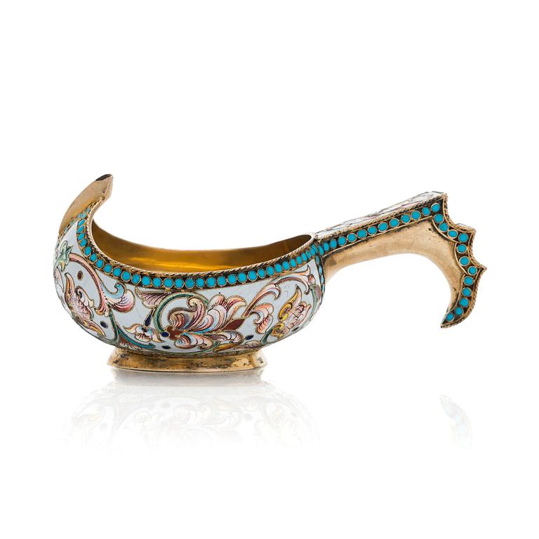 A gilt silver cloisonné enamel kovsh, unidentified Cyrillic maker's mark IGT, Moscow  1898-1914.