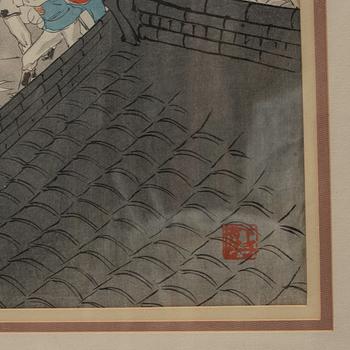 Kobayashi Kiyochika and Unidentified artist, two woodblock print triptychs, Japan, late 19th/early 20th century.