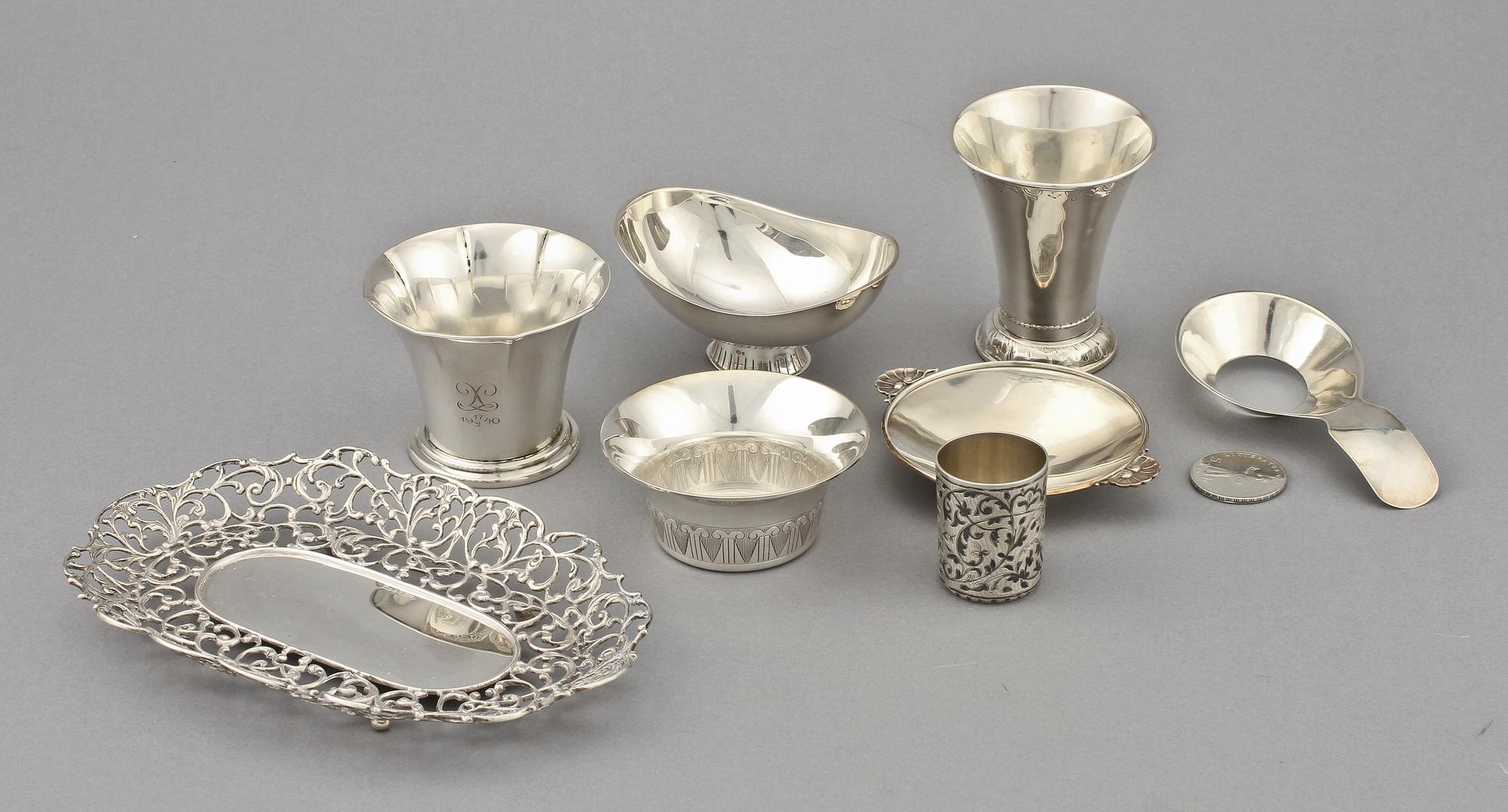 PARTI SILVER, 9 delar, bl a Georg Jensen och Ryssland, 1900-tal. Vikt 555 g.
