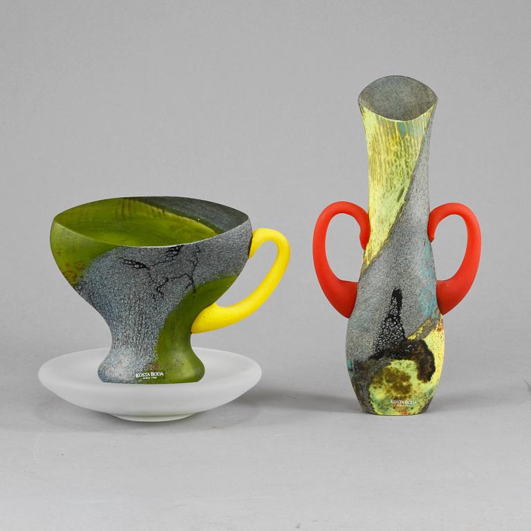 SKULPTURER, 2 st, glas, Kjell Engman, Kosta Boda, signerade.