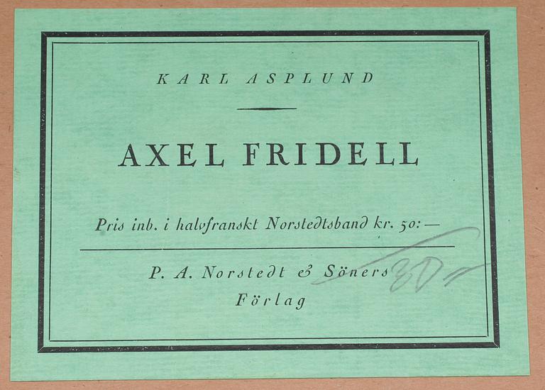 AXEL FRIDELL, etsning i bok, signerad och daterad i plåten. Bok "Axel Fridell, ett konstnärsliv" av Karl Asplund.