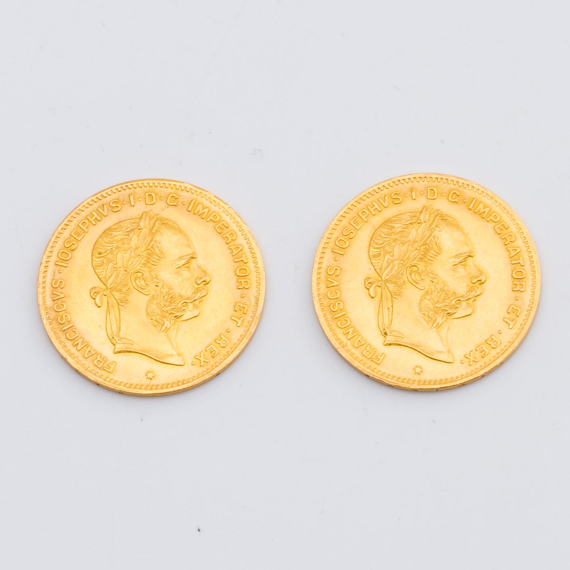 TWO GOLD COIN, 4 fl/10 fr, Frans Josef, Austria, 1892.
