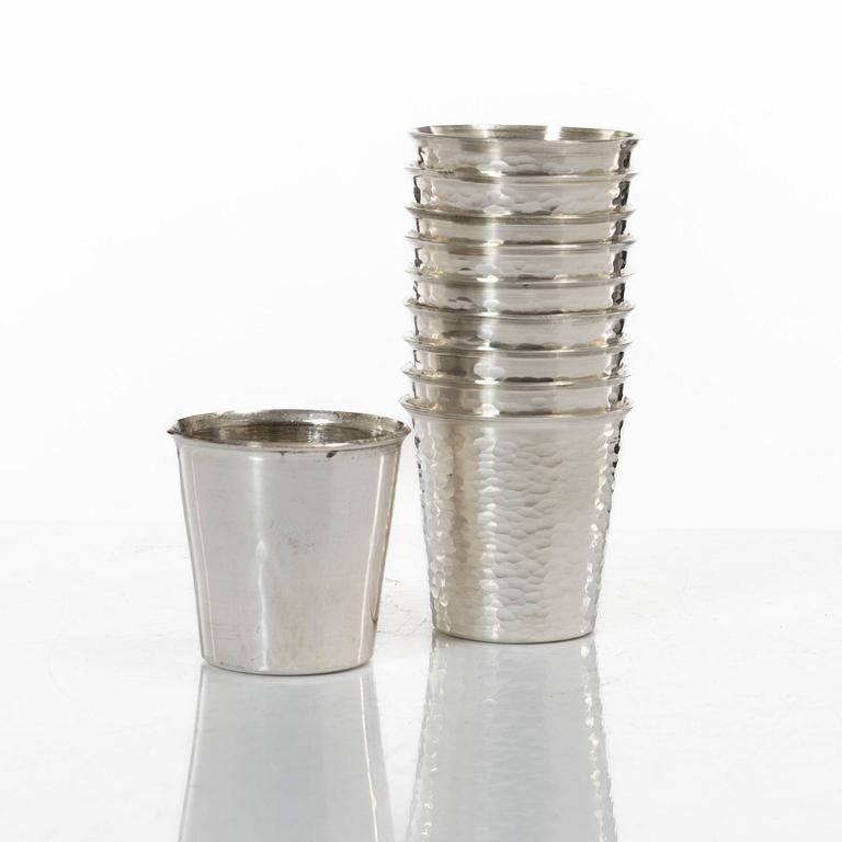Ten small sterling silver beakers, marks of company Terrs i Wexiö AB, Växjö 1973-1976.