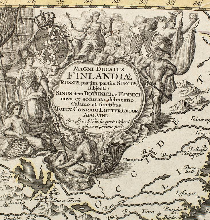 TOBIAS CONRAD LOTTER, handkolorerad kopparstick, karta. "Finlandia" ur Novus Atlas 1770.