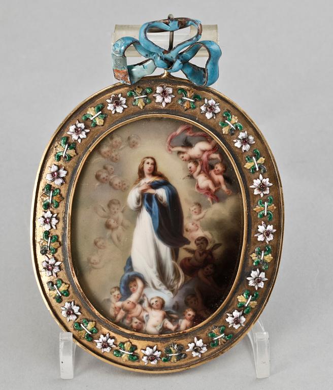 A pair of porcelain miniature paintings in gilt enamelled frames, 19th Century.