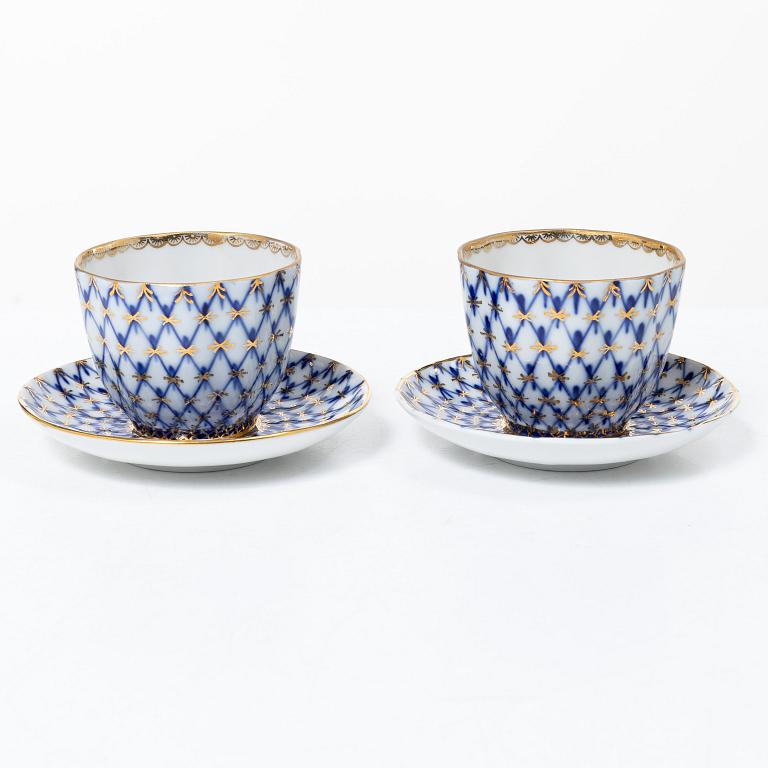 Tweleve coffee cups and saucers, 'Cobalt Net', Lomonosov.