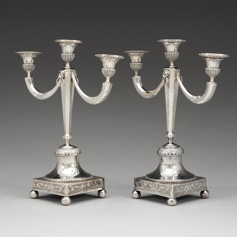 A pair of Swedish late 18th century silver candelabra, marks of Olof Hellberg, Stockholm 1799.